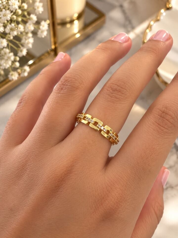 Zirkon Taş Detaylı Zincir Model Gold Çelik Yüzük