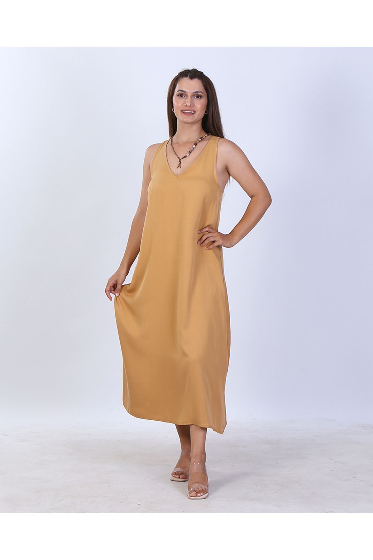 Hardal Rengi Pamuklu Kumaş Yazlık Uzun Sırt Detaylı Elbise