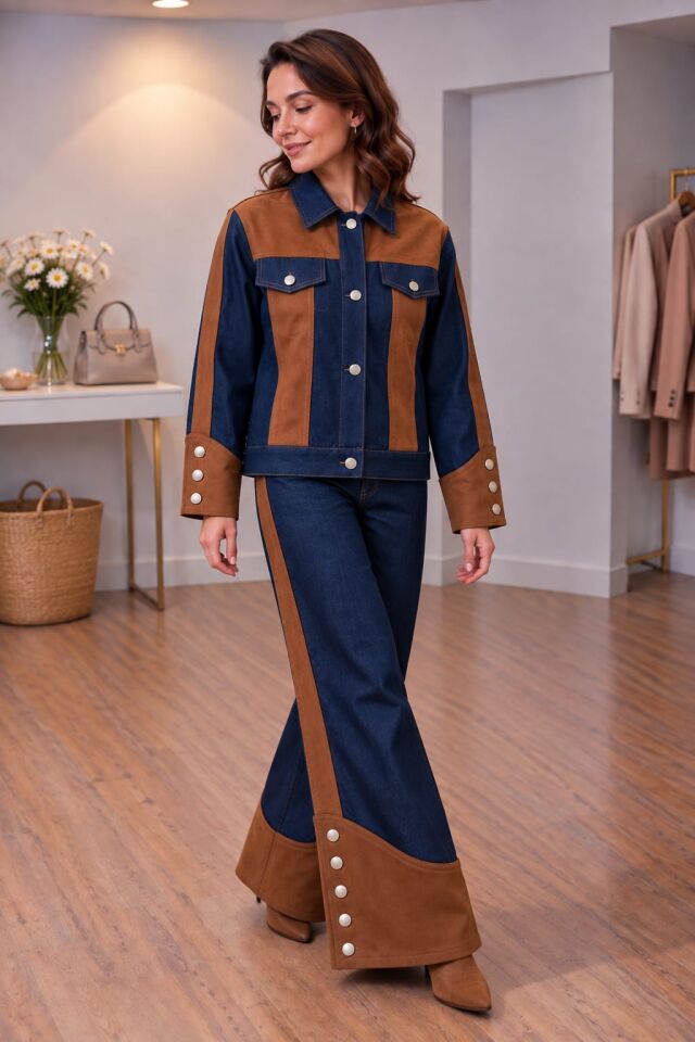 Süet Garnili Premium Denim Takım