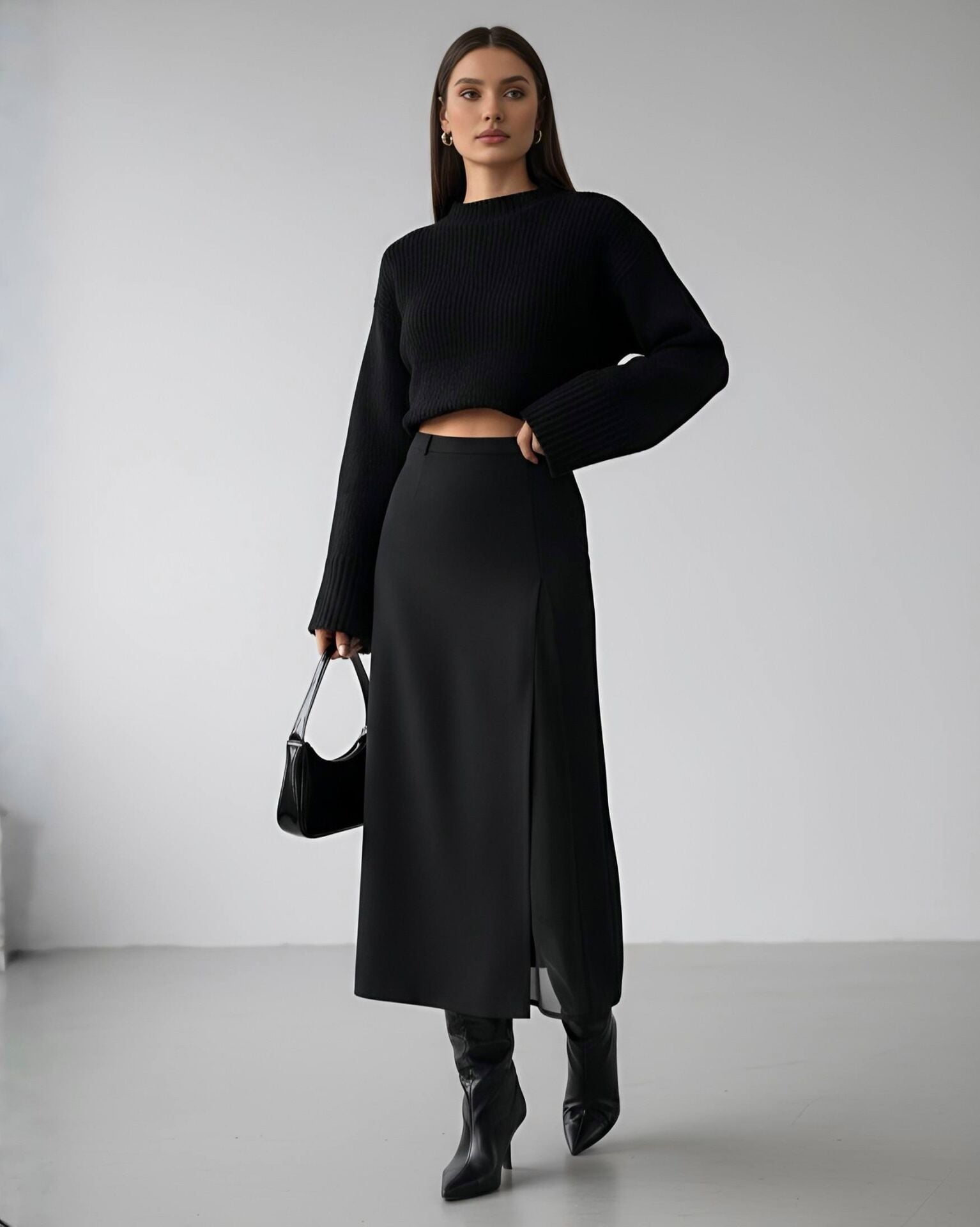 Şifon Yırtmaç Detaylı Siyah Midi Etek