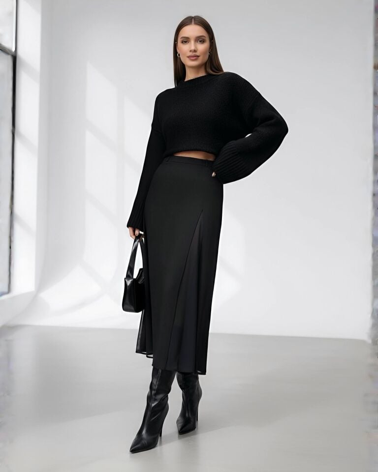 Şifon Yırtmaç Detaylı Siyah Midi Etek