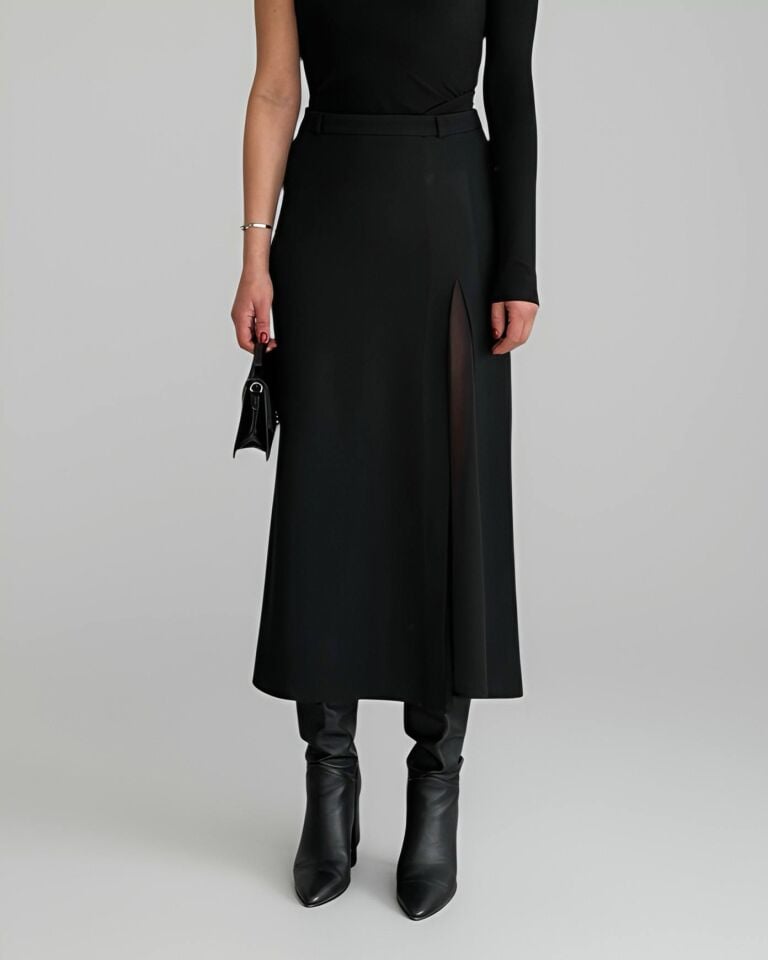 Şifon Yırtmaç Detaylı Siyah Midi Etek