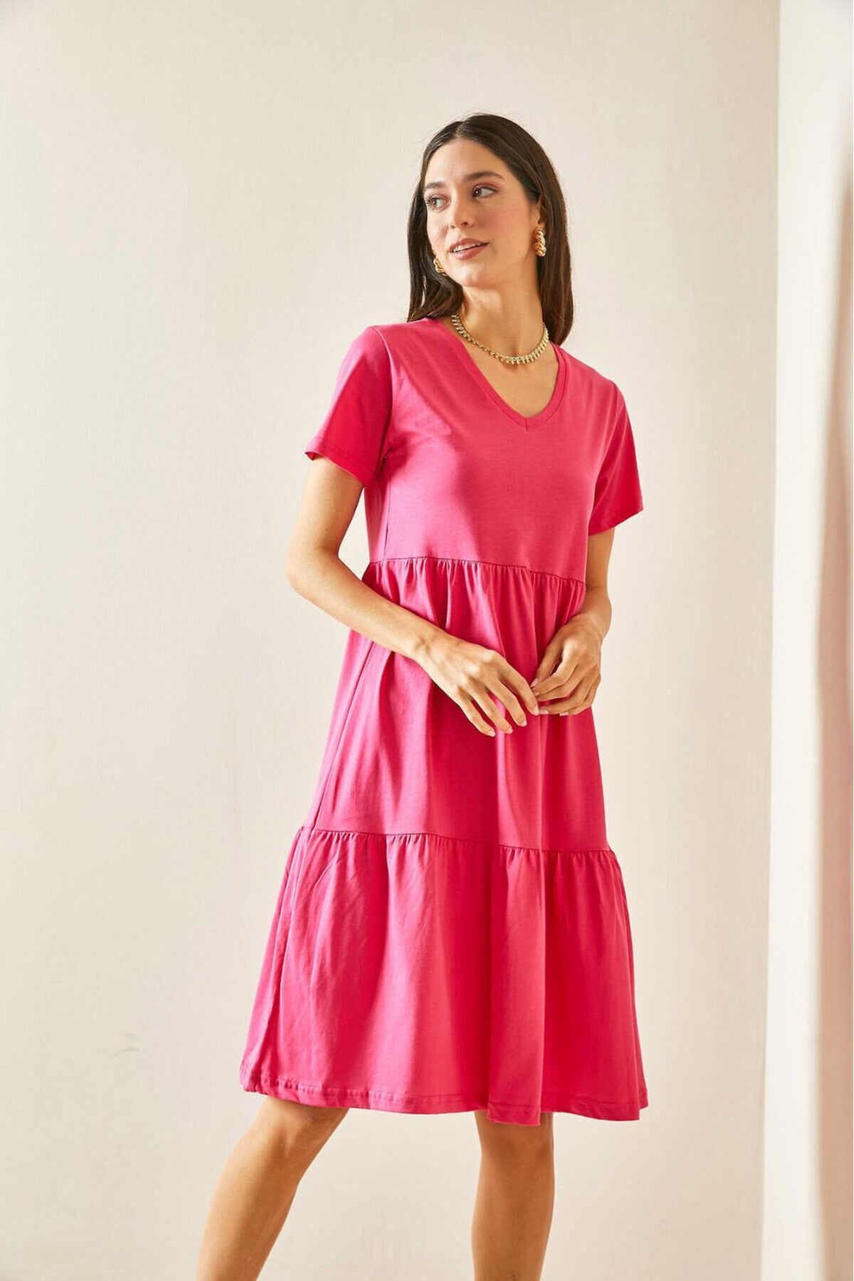 Fuşya Yarım Kol V Yaka  Uzun Elbise