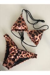 Leopar Desenli Taş Detaylı Push Up Etkili Bikini Takımı