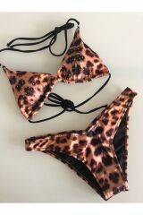 Leopar Desenli Taş Detaylı Push Up Etkili Bikini Takımı