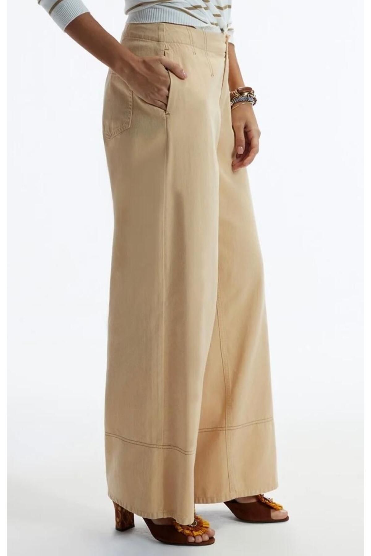 %100 Pamuk Yüksek Bel Pantolon Taba