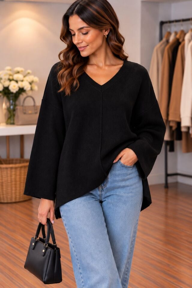 Siyah V Yaka Oversize Geniş Kol Triko Kazak