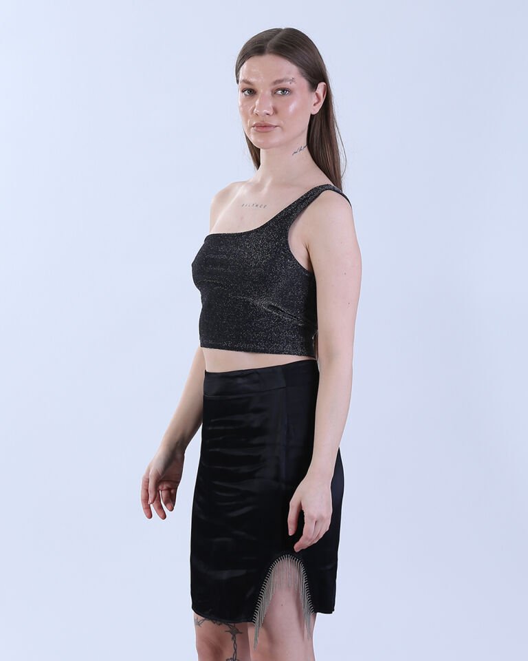 Likralı Saten Yandan Yırtmaçlı Zincirli Etek Siyah