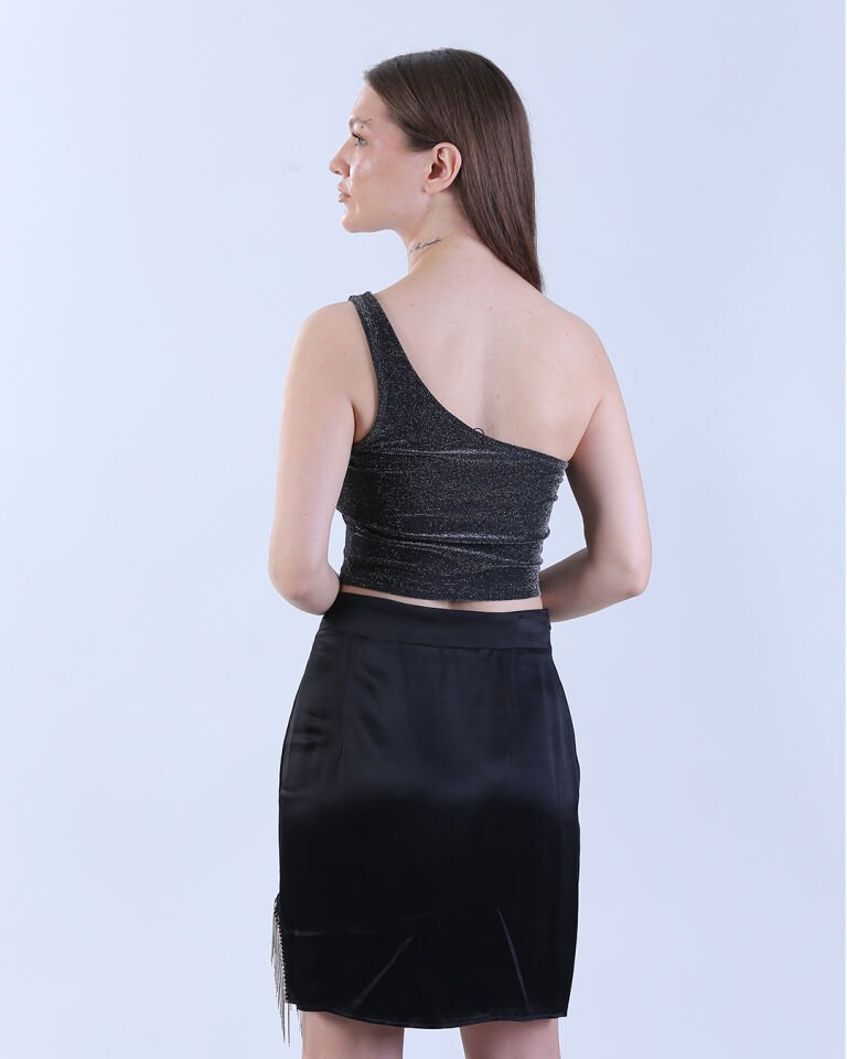 Likralı Saten Yandan Yırtmaçlı Zincirli Etek Siyah