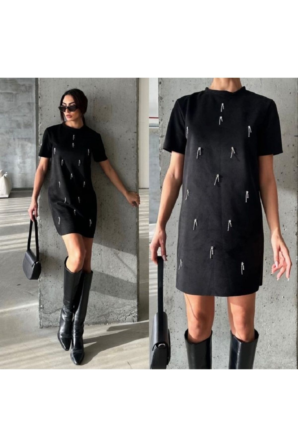 Taş Detaylı Yarım Kollu Tarz Elbise Siyah