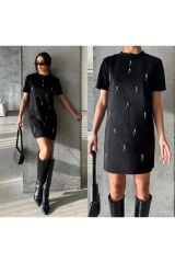 Taş Detaylı Yarım Kollu Tarz Elbise Siyah