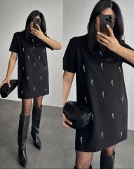 Taş Detaylı Yarım Kollu Tarz Elbise Siyah