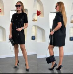 Taş Detaylı Yarım Kollu Tarz Elbise Siyah