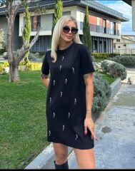 Taş Detaylı Yarım Kollu Tarz Elbise Siyah