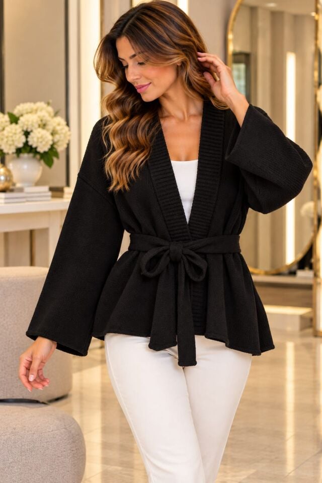 Kuşaklı Kimono Kol Siyah Triko Hırka
