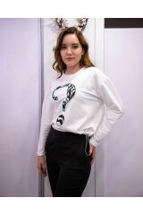 Bisiklet Yaka Uzun Kollu Soru İşareti Desenli Sweatshirt Beyaz