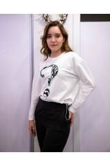 Bisiklet Yaka Uzun Kollu Soru İşareti Desenli Sweatshirt Beyaz