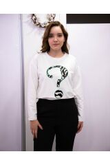 Bisiklet Yaka Uzun Kollu Soru İşareti Desenli Sweatshirt Beyaz