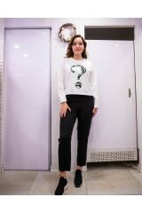 Bisiklet Yaka Uzun Kollu Soru İşareti Desenli Sweatshirt Beyaz