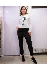 Bisiklet Yaka Uzun Kollu Soru İşareti Desenli Sweatshirt Beyaz