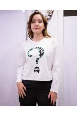 Bisiklet Yaka Uzun Kollu Soru İşareti Desenli Sweatshirt Beyaz