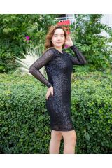 Uzun Kollu Bisiklet Yaka Midi Boy Sırt Dekolteli İçi Astarlı Payetli Şık Elbise Siyah