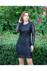 Uzun Kollu Bisiklet Yaka Midi Boy Sırt Dekolteli İçi Astarlı Payetli Şık Elbise Siyah