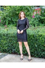 Uzun Kollu Bisiklet Yaka Midi Boy Sırt Dekolteli İçi Astarlı Payetli Şık Elbise Siyah