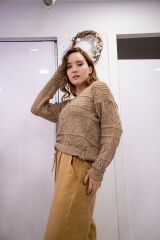 Uzun Kollu V Yaka Triko Merserize Kazak Kahverengi