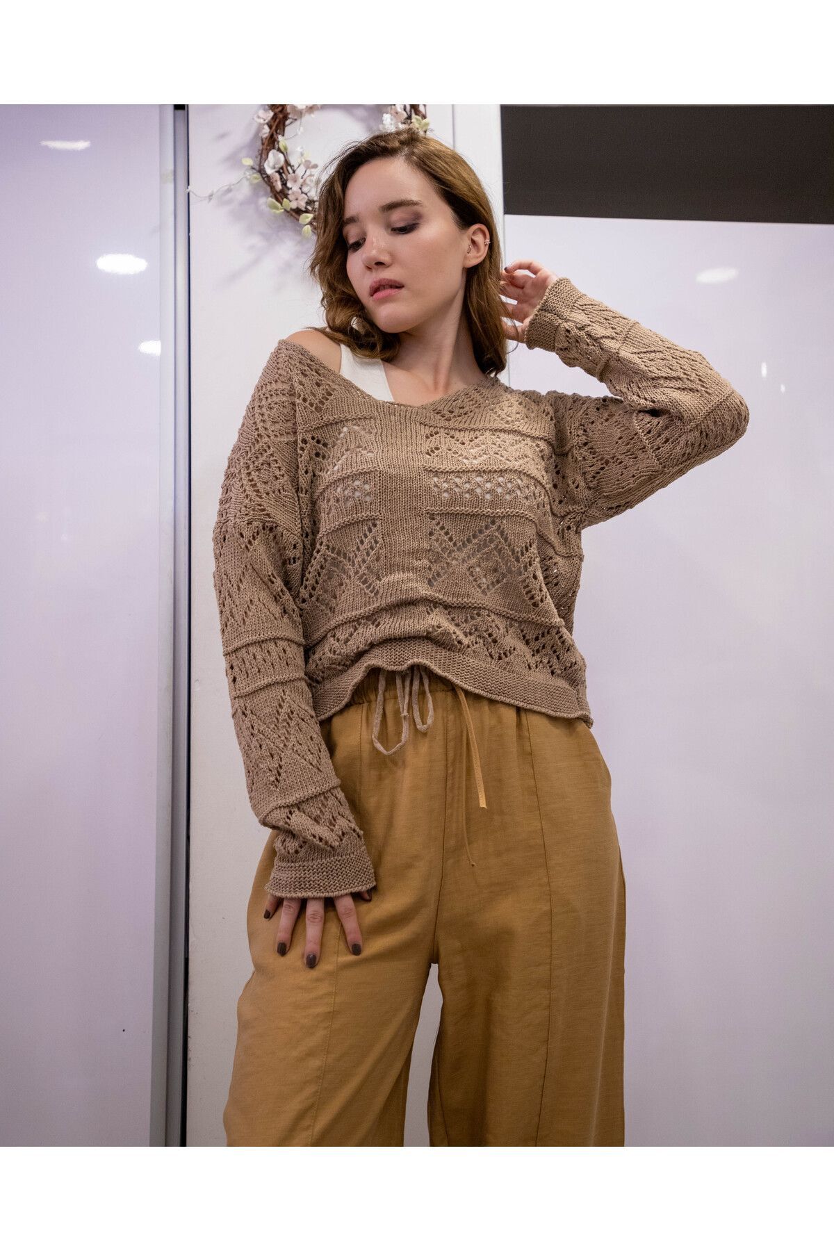 Uzun Kollu V Yaka Triko Merserize Kazak Kahverengi