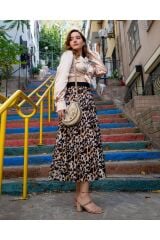 Leopar Desenli Parlak Pamuklu Kumaş Uzun Etek Kahverengi