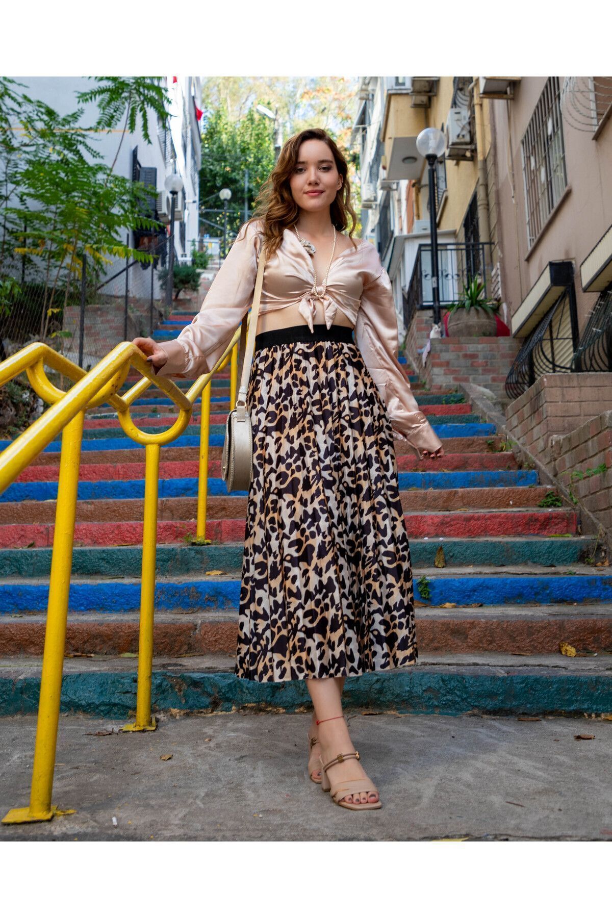 Leopar Desenli Parlak Pamuklu Kumaş Uzun Etek Kahverengi