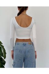 Kadın Uzun Kollu U Şekilli Likralı  Crop Bluz Beyaz