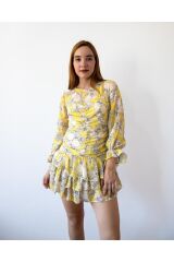 Sarı Renk Çiçek Desenli İçi Astarlı Kolları Büzgülü Eteği Fırfırlı Mini Elbise