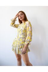 Sarı Renk Çiçek Desenli İçi Astarlı Kolları Büzgülü Eteği Fırfırlı Mini Elbise