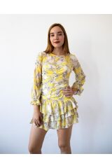 Sarı Renk Çiçek Desenli İçi Astarlı Kolları Büzgülü Eteği Fırfırlı Mini Elbise