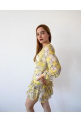 Sarı Renk Çiçek Desenli İçi Astarlı Kolları Büzgülü Eteği Fırfırlı Mini Elbise