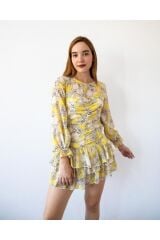 Sarı Renk Çiçek Desenli İçi Astarlı Kolları Büzgülü Eteği Fırfırlı Mini Elbise