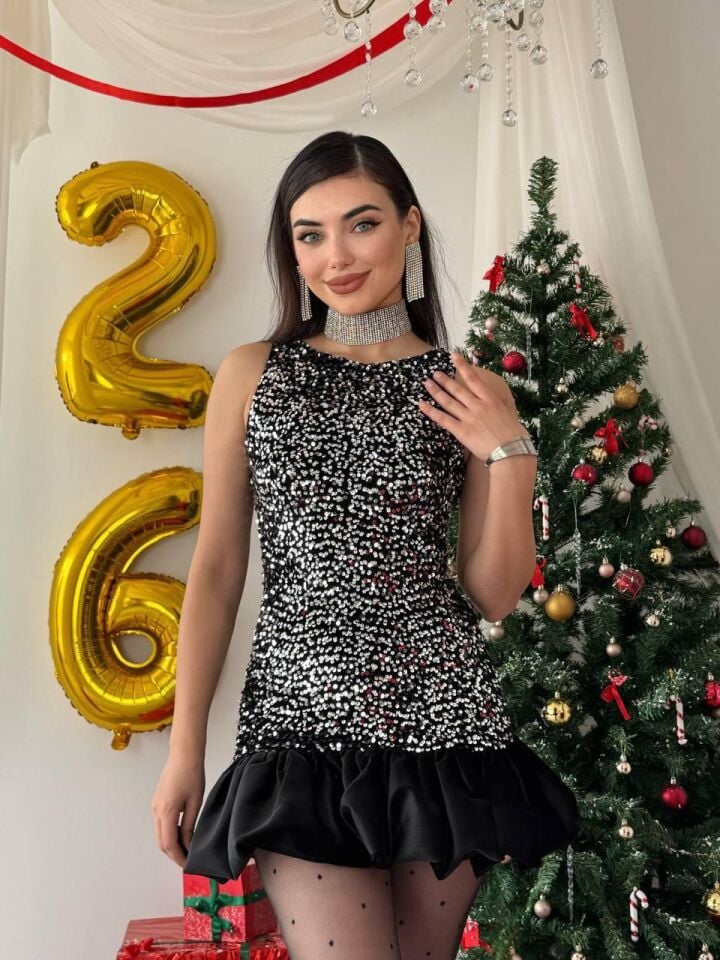 ✨ Siyah Pul Payet Mini Volanlı Elbise