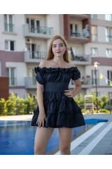 Poplin Kumaş Beli Detaylı Dar Kalıp Etek Ve Yaka Kısımları Fırfırlı Mini Elbise