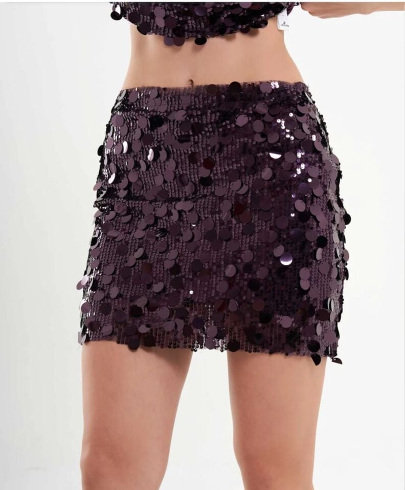 Işıltılı Pul Payet Mini Etek – Mürdüm