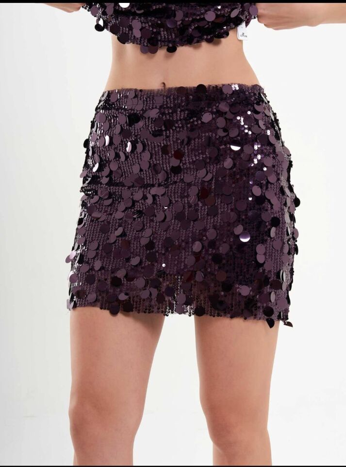 Işıltılı Pul Payet Mini Etek – Mürdüm