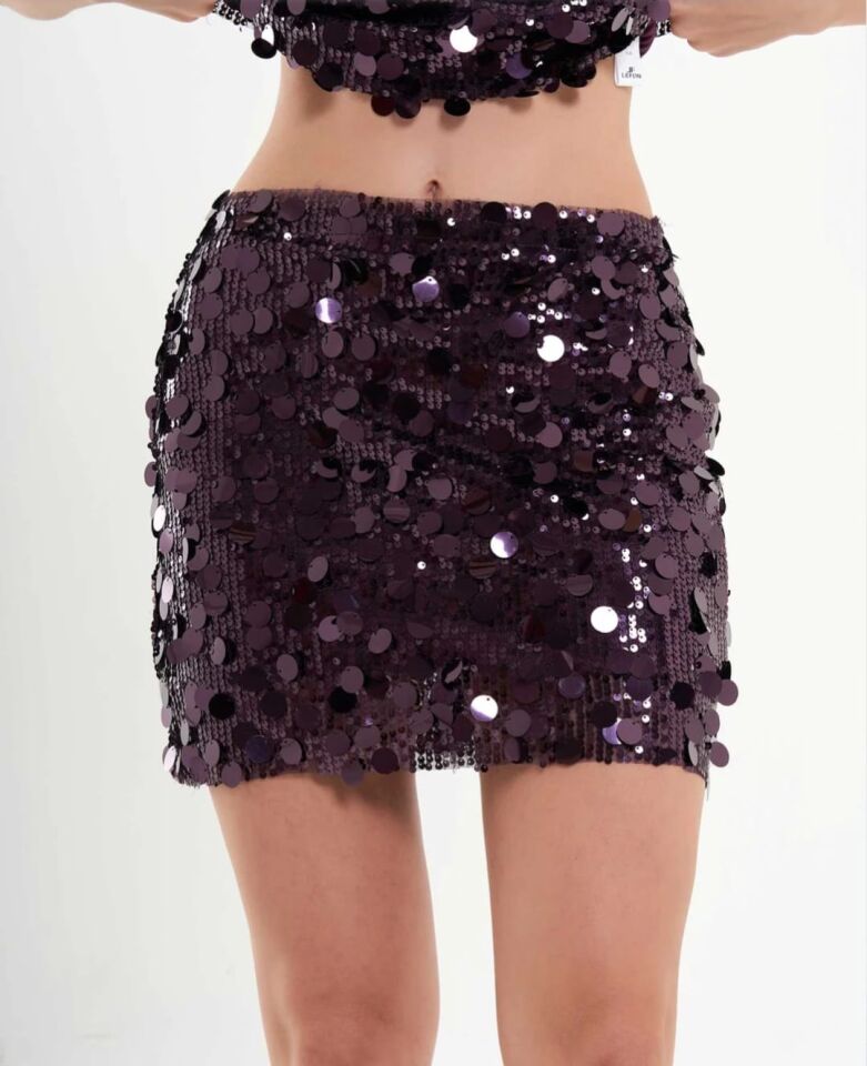 Işıltılı Pul Payet Mini Etek – Mürdüm