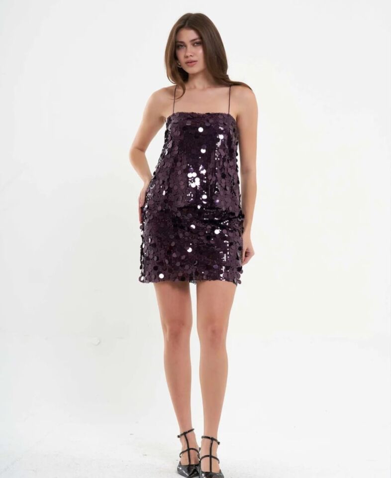 Işıltılı Pul Payet Mini Etek – Mürdüm