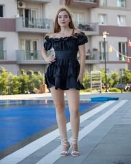 Poplin Kumaş Beli Detaylı Dar Kalıp Etek Ve Yaka Kısımları Fırfırlı Mini Elbise S - Siyah