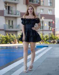 Poplin Kumaş Beli Detaylı Dar Kalıp Etek Ve Yaka Kısımları Fırfırlı Mini Elbise L - Siyah
