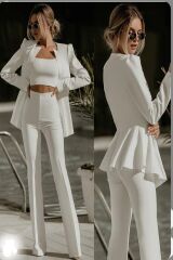 3'lü Şık Takım (Ceket Pantolon Crop) XS - Beyaz
