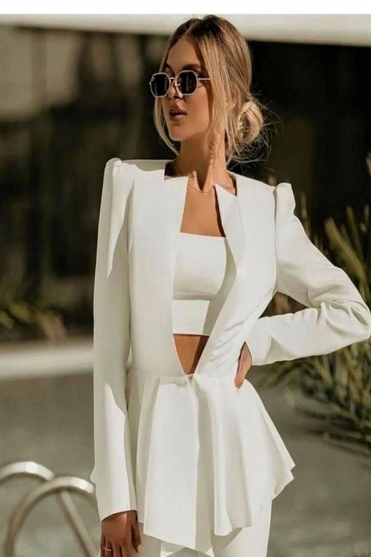 3'lü Şık Takım (Ceket Pantolon Crop) M - Beyaz