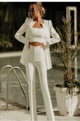 3'lü Şık Takım (Ceket Pantolon Crop) L - Beyaz