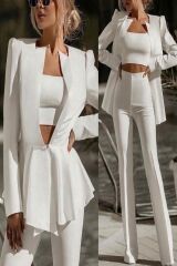 3'lü Şık Takım (Ceket Pantolon Crop) XL - Beyaz